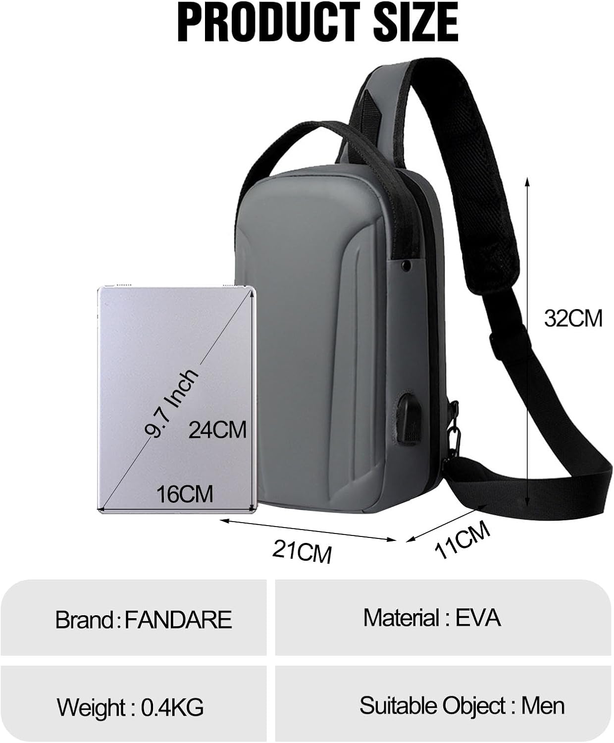 FANDARE Anti-theft Men Sling Bag Crossbody Chest Messenger Pack with USB