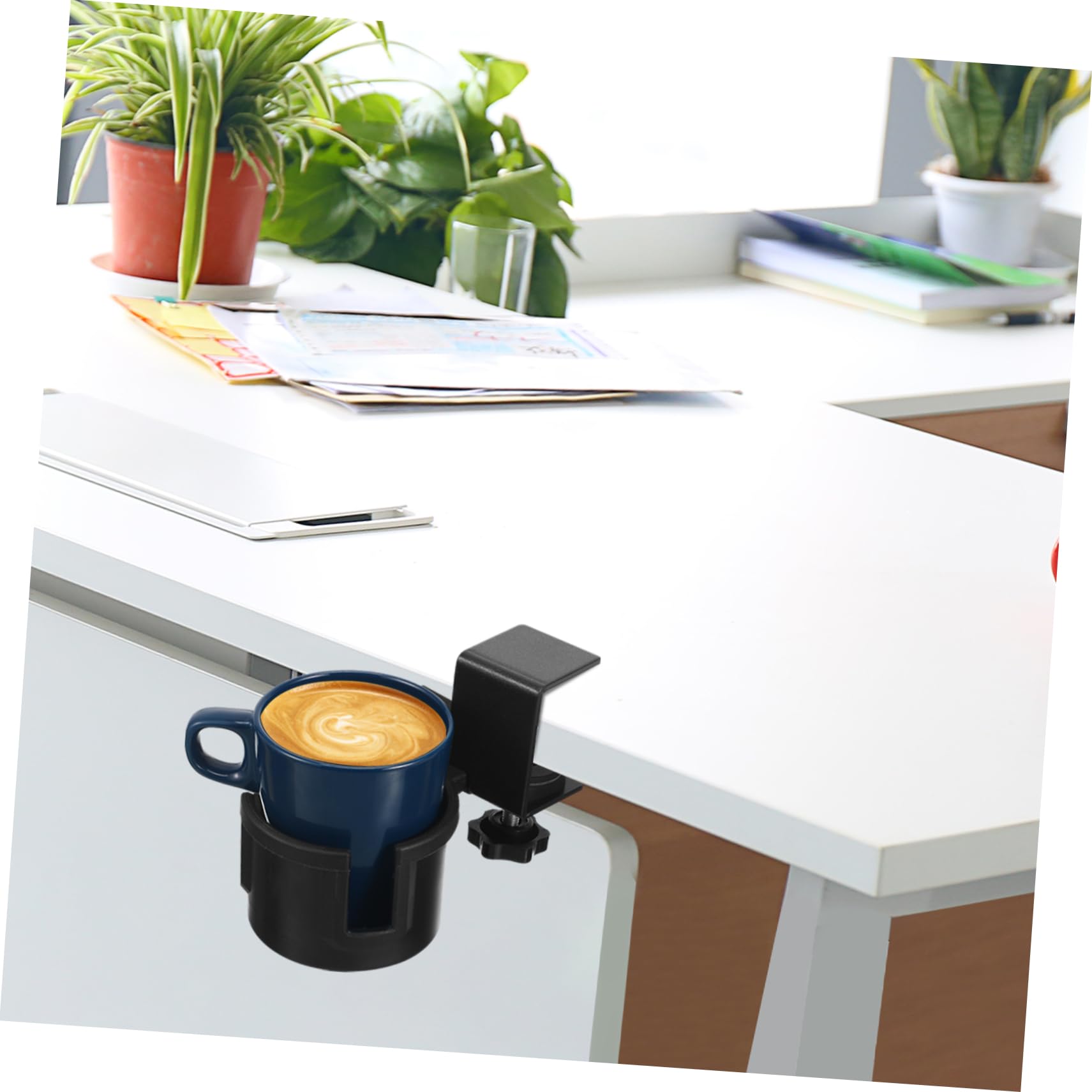 COLLBATH Getränkehalter für Schreibtisch aus Metall und Kunststoff 180° Drehbar mit Schwarzer Schreibtischklemme Universelle Passform für Becher und Flaschen als Tischbecherhalter im Büro