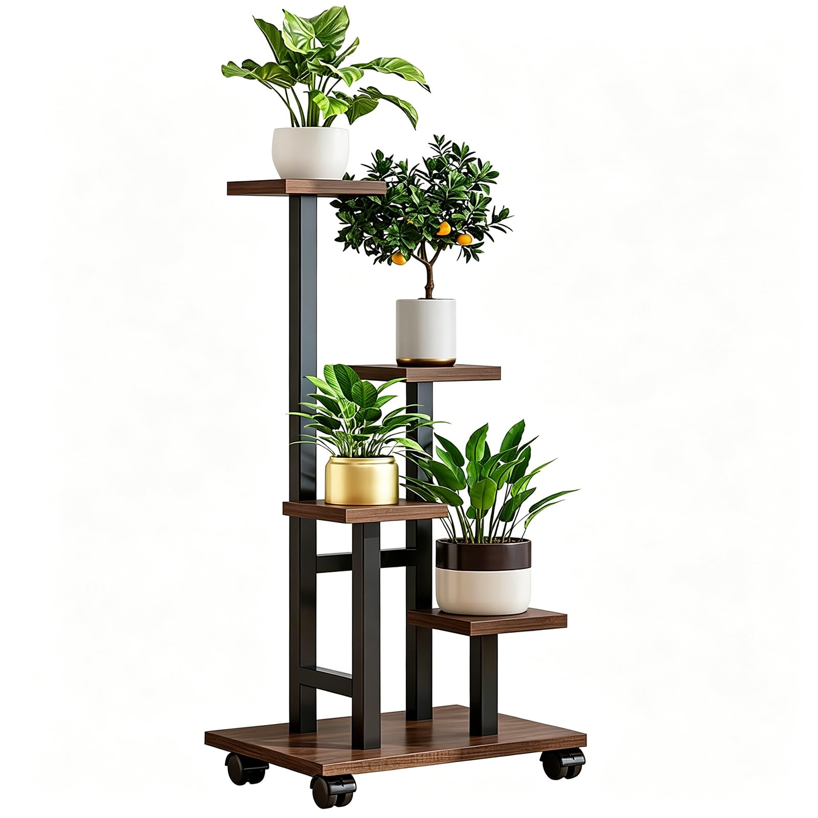 ATRBNCX 4 Tier Rolling Plant Stand Indoor, Heavy Duty Metal Frame With Wooden Shelves, Space-Saving Corner Flower Holder For Garden, Porch & Living Room(Color:Brown)