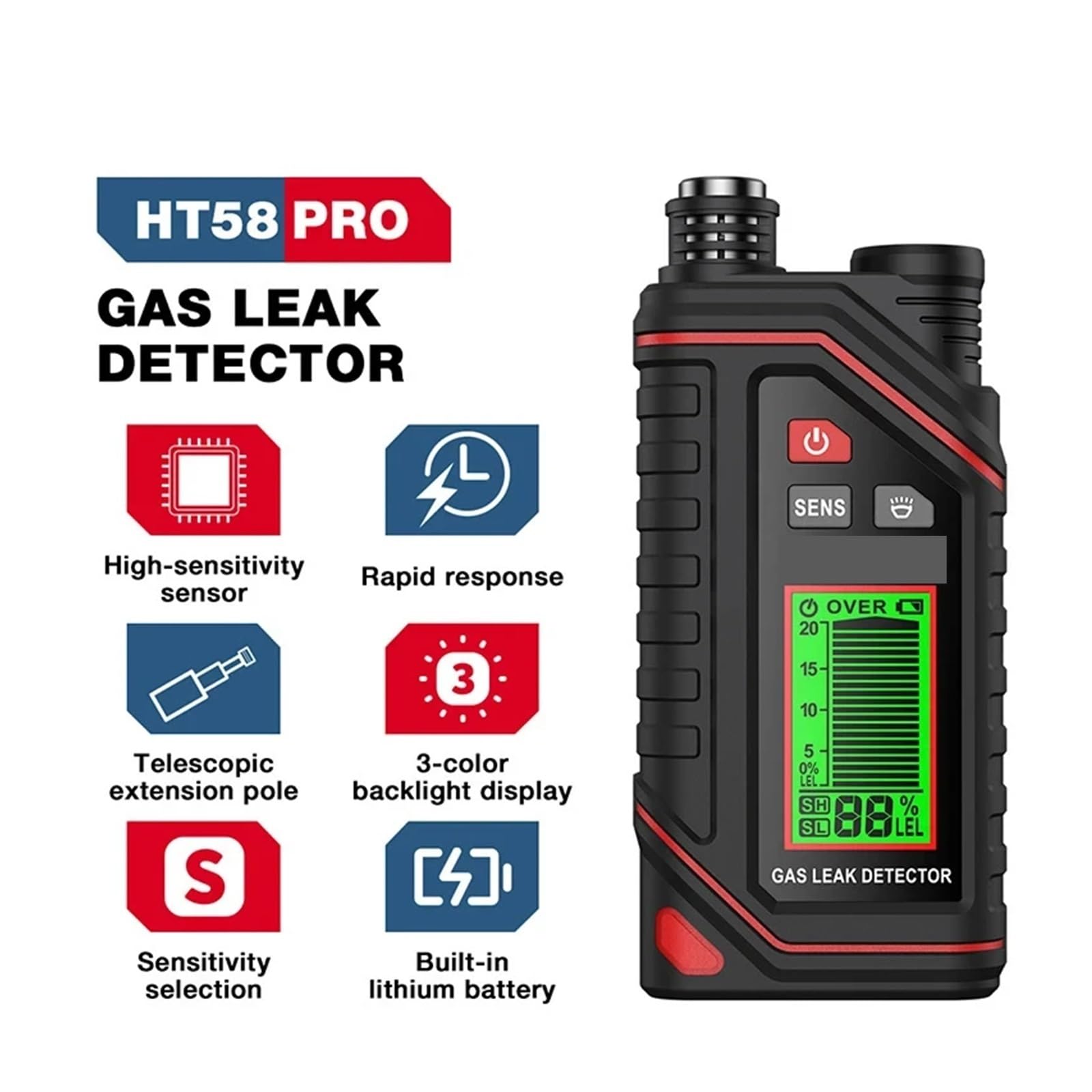 Detector de Gas, Detector de gas natural recargable, sonda extensible, monitor portátil de fugas de gas combustible.