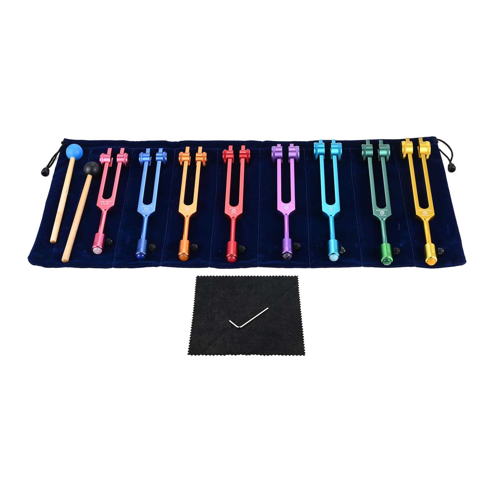 DRELD Chakra Stimmgabel Set mit Kristallverlängerung 7 Chakra und 1 Seelenzweck gewichtete Stimmgabel Solfeggio Stimmgabel set mit 2×Silikonhammer für Heilung Klangtherapie Vibration (Bunt. 8 STK)