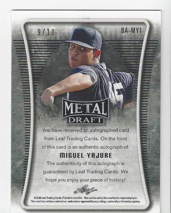Miguel Yajure Autographed & Serial Numbered #09/10 Green Parallel Leaf X Rookie Card Collectible Baseball Card - 2020 Leaf Metal Draft Baseball Card #BA-MY1 (Pirates) Free Shipping