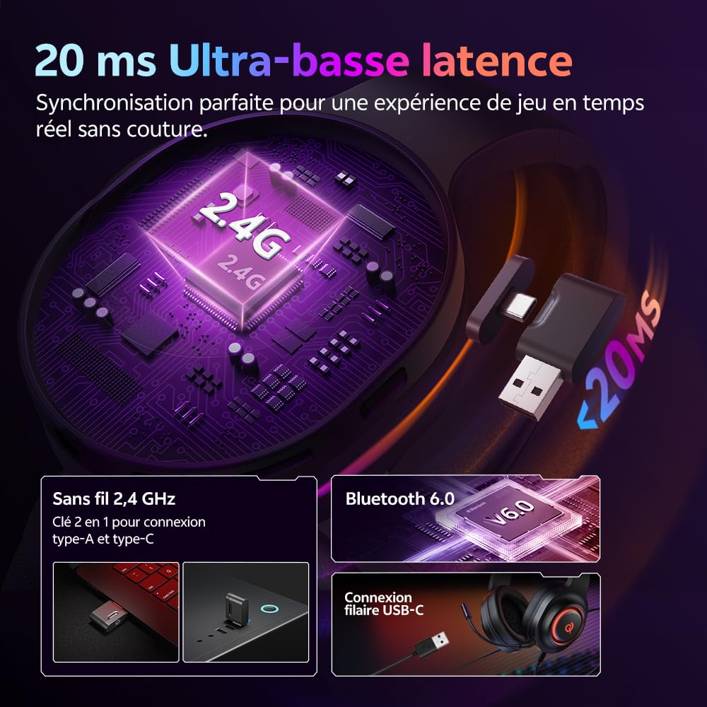 QCY Casque Gaming,Casque sans Fil 2,4 GHz pour PS5,PS4,PC,Switch,réduction de Bruit Amovible avec Micro,Son Surround 7.1,autonomie de 240 Heures,lumières RVB - Noir