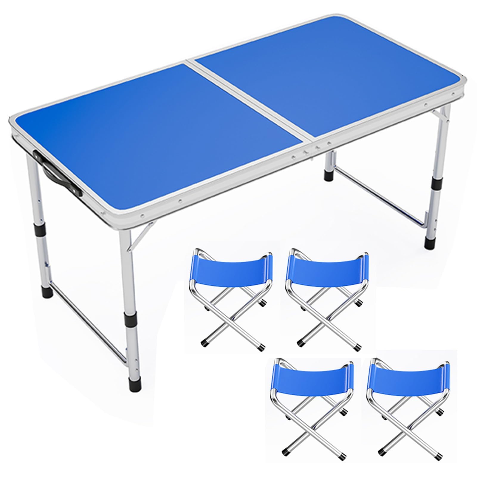 Aluminiowy składany stół o regulowanej wysokości, przenośny stół kempingowy z uchwytem, idealny do cateringu, biura, na imprezę, piknik, ślub (120 x 60 cm, niebieski + 4 stołki)