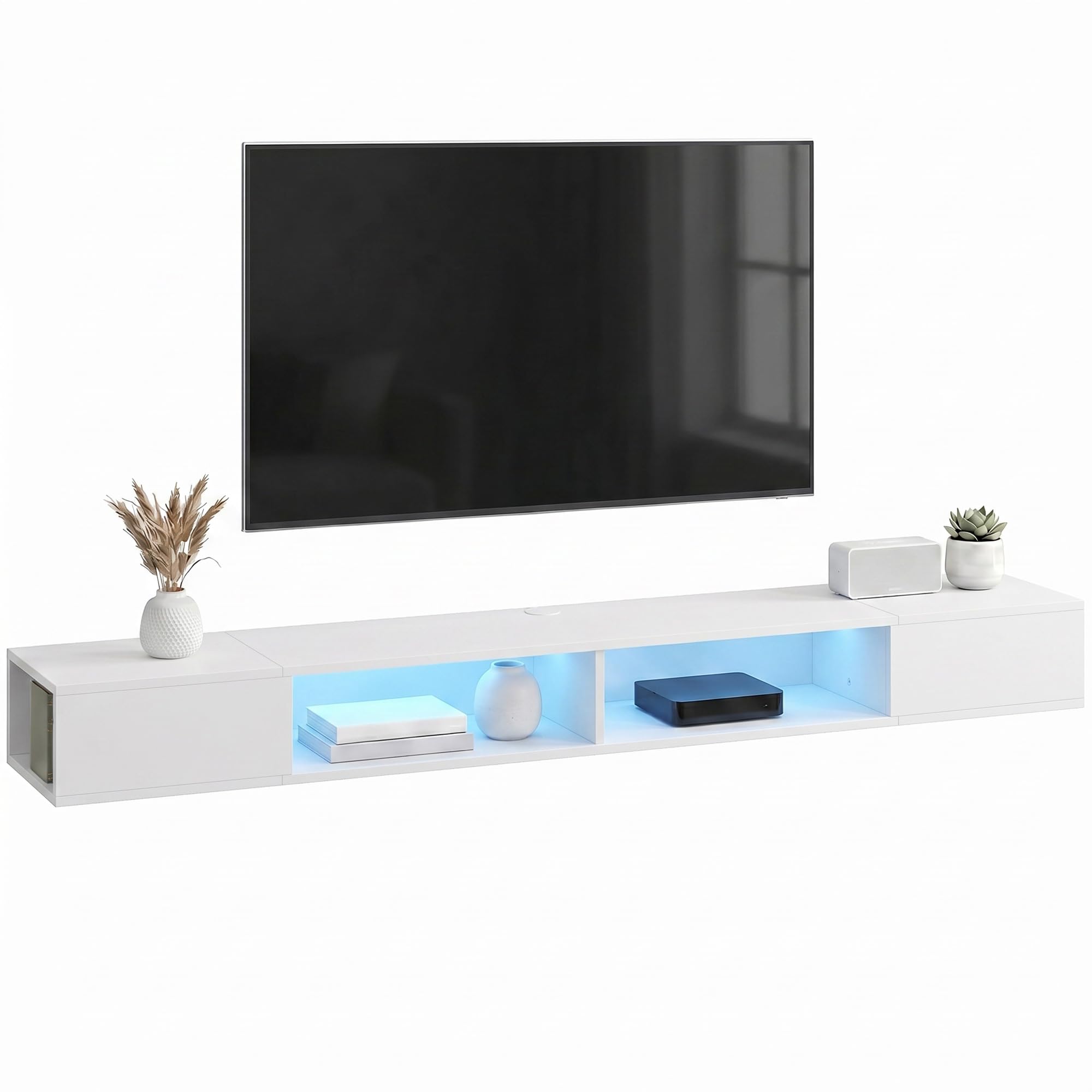 HOMCOM Mueble de TV Suspendido con Luces LED, Mueble de TV para Salón con Estantes Abiertos, Estilo Moderno, para Televisión 75 Pulgadas, 177,8x30x18 cm, Blanco