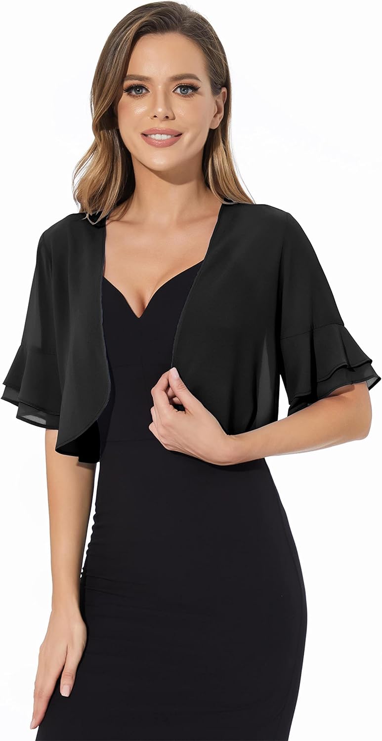 Women Shrug Soft Chiffon Open Front Sheer 3/4 Sleeve Bolero Cardigan for Evening Dress - Image 5