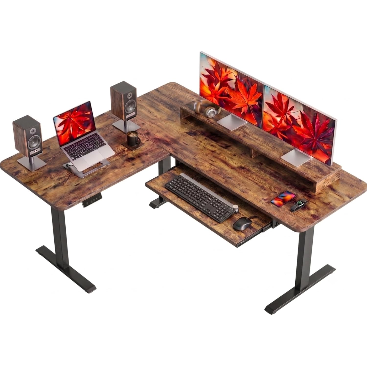 TEKAVO Graph L Shape Height Adjustable Table for Office Work | Electric Standing Table with Keyboard Tray & Monitor Riser for Home Office | Ergonomic Study Table | 160x140 cm, Forest | DIY-image-22