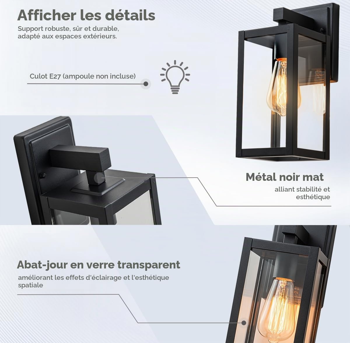 FTL Applique Murale Exterieur, Noir Mat Luminaire Lanterne Exterieur avec Abat Jour en Verre Transparen, Max 60W Porche Lampe Exterieur Murale E27, IP44 Étanche Éclairage Mural d'Extérieur, 2 Stück