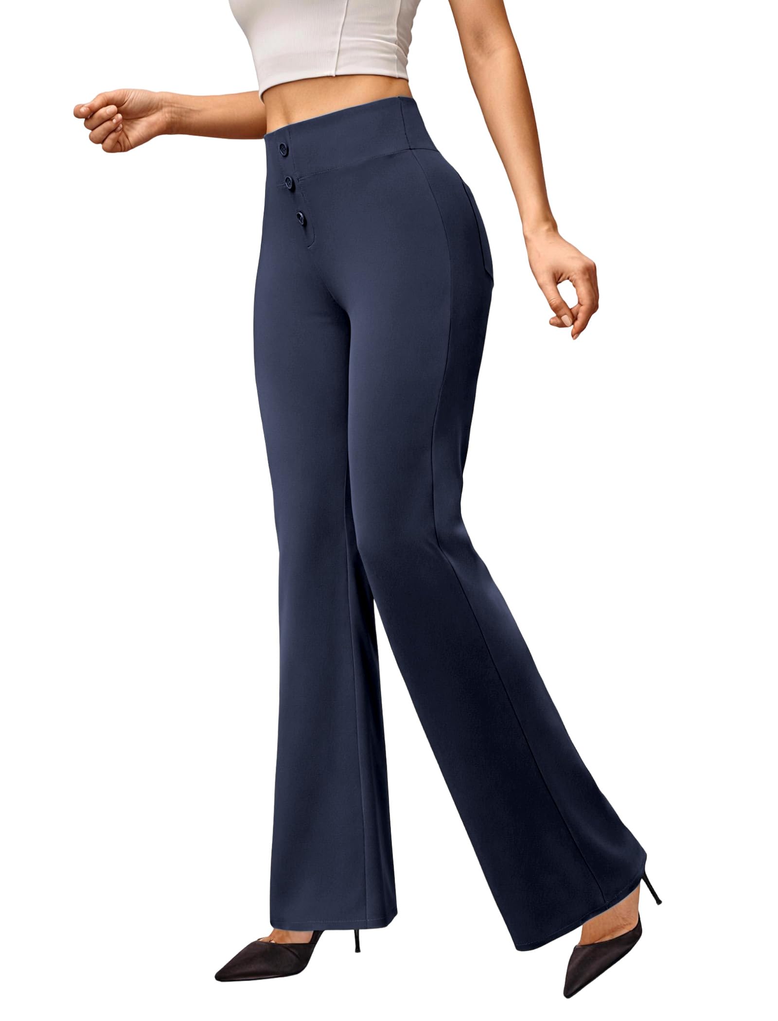 Friptspyg Hosen Damen Business Schlaghose mit Taschen Stretch Arbeits Hose High Waist Yogahose mit Knöpfe Für Freizeit Alltag Und Bewegung