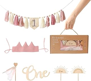 Ikubigu Highchair Banner for 1st Birthday, Handmade Birthday Crown, Highchair Banner, Cake Topper, Baby Shower Photo Props, Birthday Party Decorations Set for Baby Girl Baby Boy(Pink)