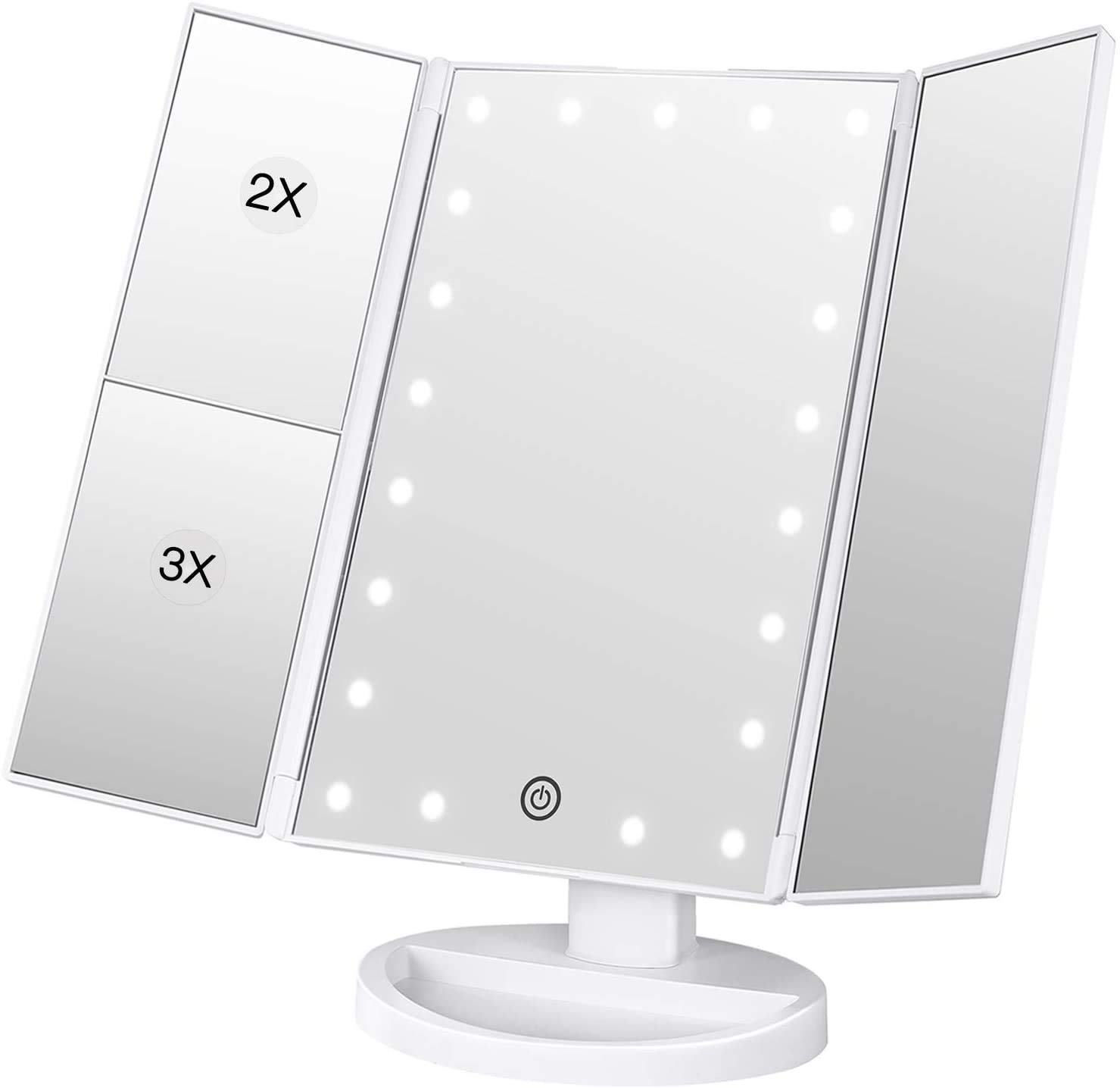 BESTOPE Makeup Mirror Magnification Vanity Mirror with 21 LED Lights with Adjustable Touch Screen Lighted Make up Mirror Tri-Fold Dressing Table Countertop Cosmetic Mirrors