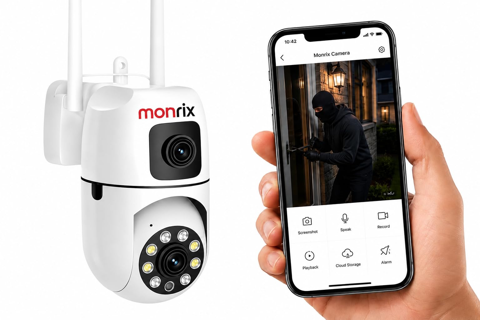 dual lens 3mp+3mp wifi security camera 360° pan tilt hd surveillance camera with night vision, motion detection, two-way audio & mobile app control