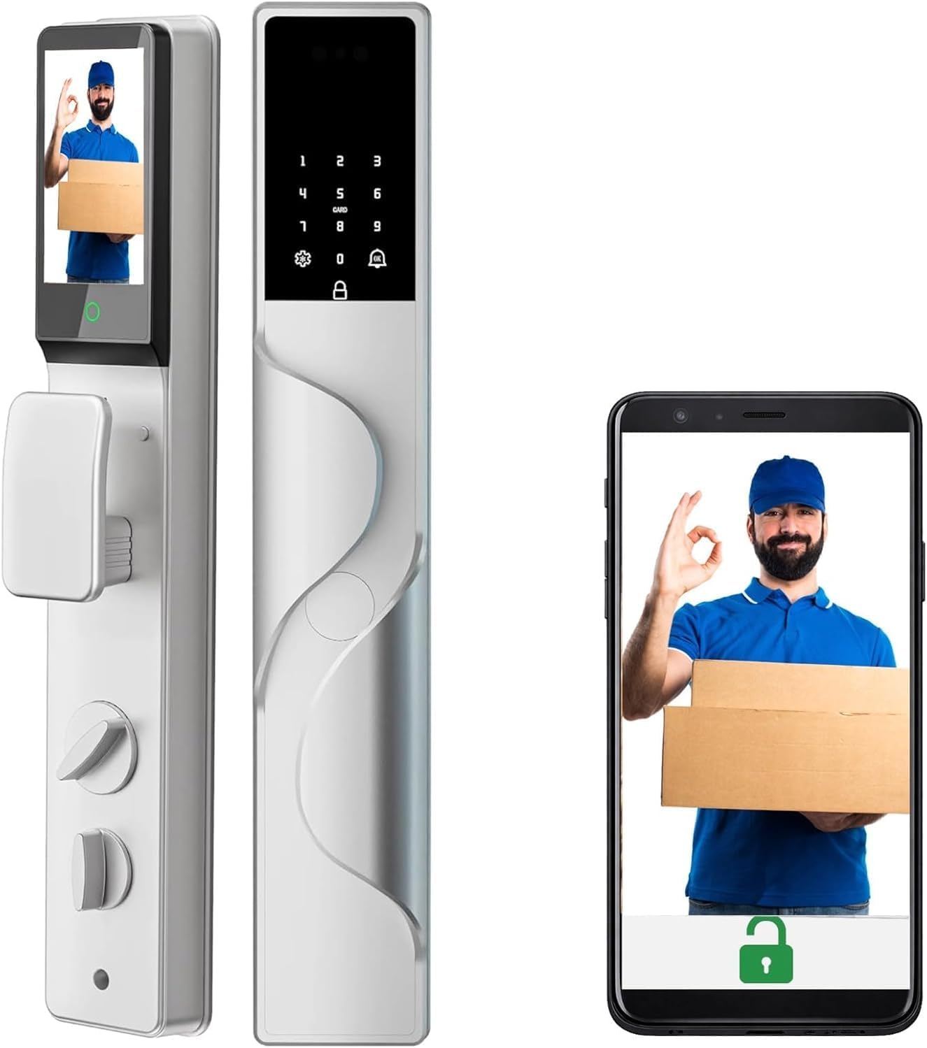 Smart Face Recognition Door Lock with Camera Video Intercom – Keyless Entry: 3D Facial Unlock, Palm Vein Scanner, Biometric Fingerprint, Tuya App, Digital for Front Door (Silver)