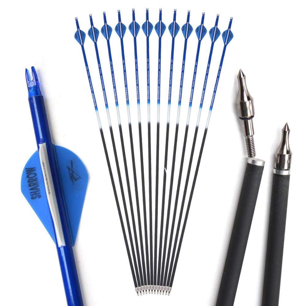 12pcs frecce in Carbonio tiro con L'Arco 30 Pollici Spine 500 frecce da Caccia con Punta di Freccia Rimovibile da 100 grani per Arco ricurvo Arco Composto da Caccia all'aperto