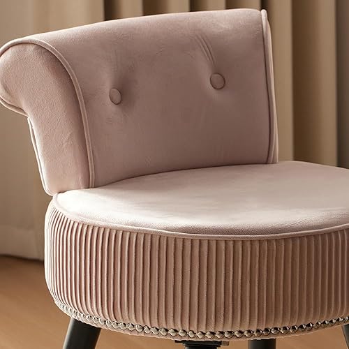 Miniatura 5 de Silla de tocador de terciopelo rosa con respaldo, taburete pequeño de maquillaje, silla de acento capitoné sin ruedas, taburete de tocador con