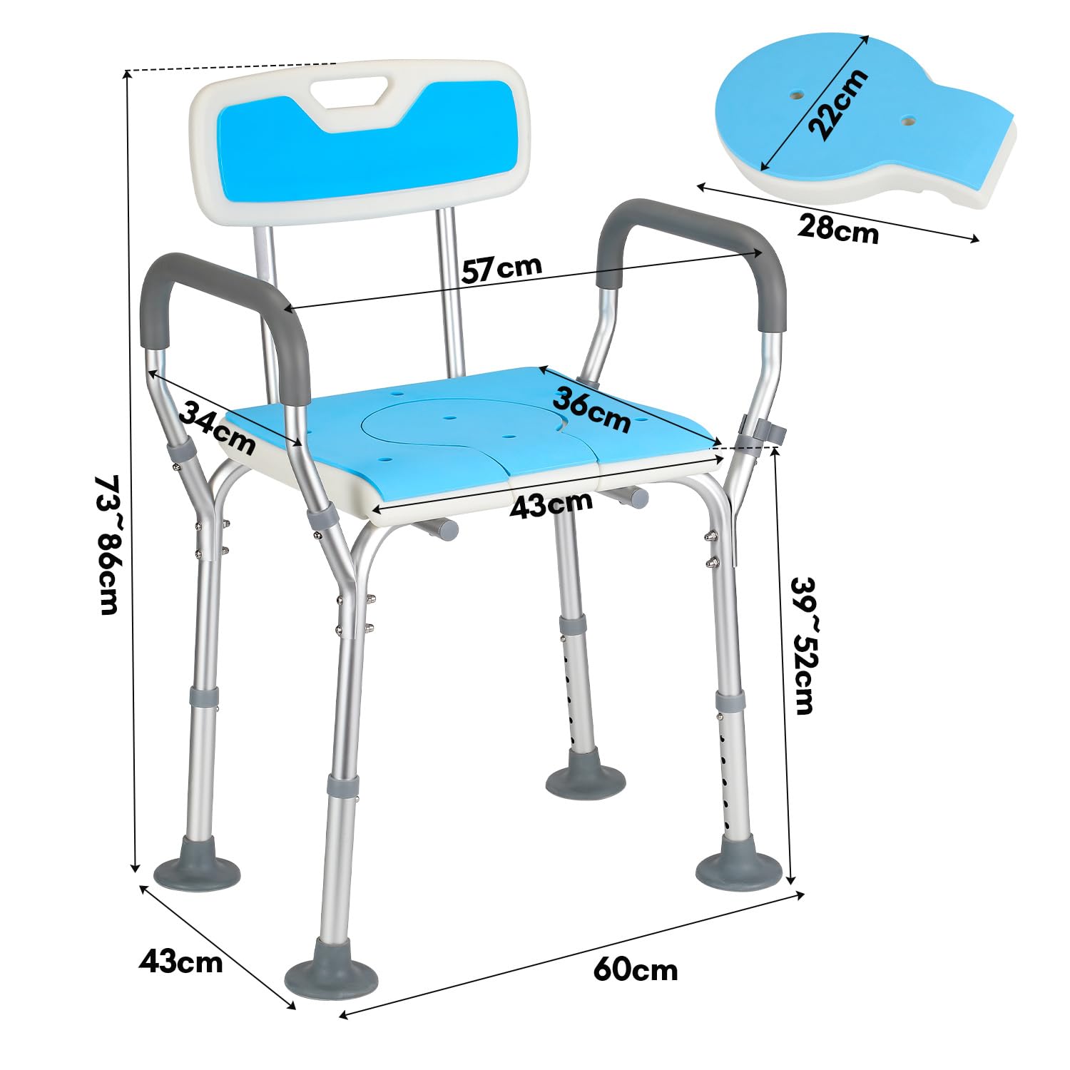 Stołek prysznicowy z oparciem i poduszką, krzesło prysznicowe 3 w 1 z regulacją wysokości 40-53 cm, antypoślizgowe siedzisko z aluminium i PE, do 135 kg, dla osób starszych i dorosłych | Fotel aluminiowy PE z poduszką, regulowany 40-53 cm, obciążenie do 1