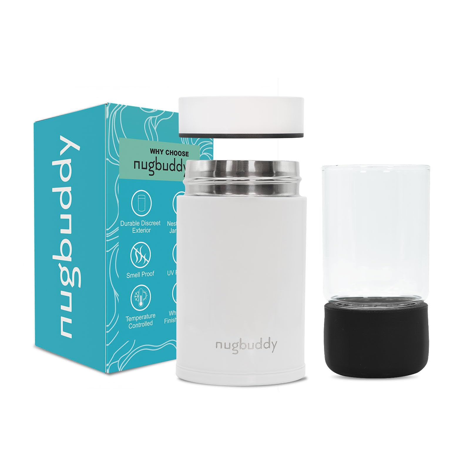 nugbuddyMini Airtight Storage Container - Vacuum Sealed Insulated w Nested Glass Jar - UV Protection, Temperature Controlled Stainless - 100 ml (1/4 Oz)