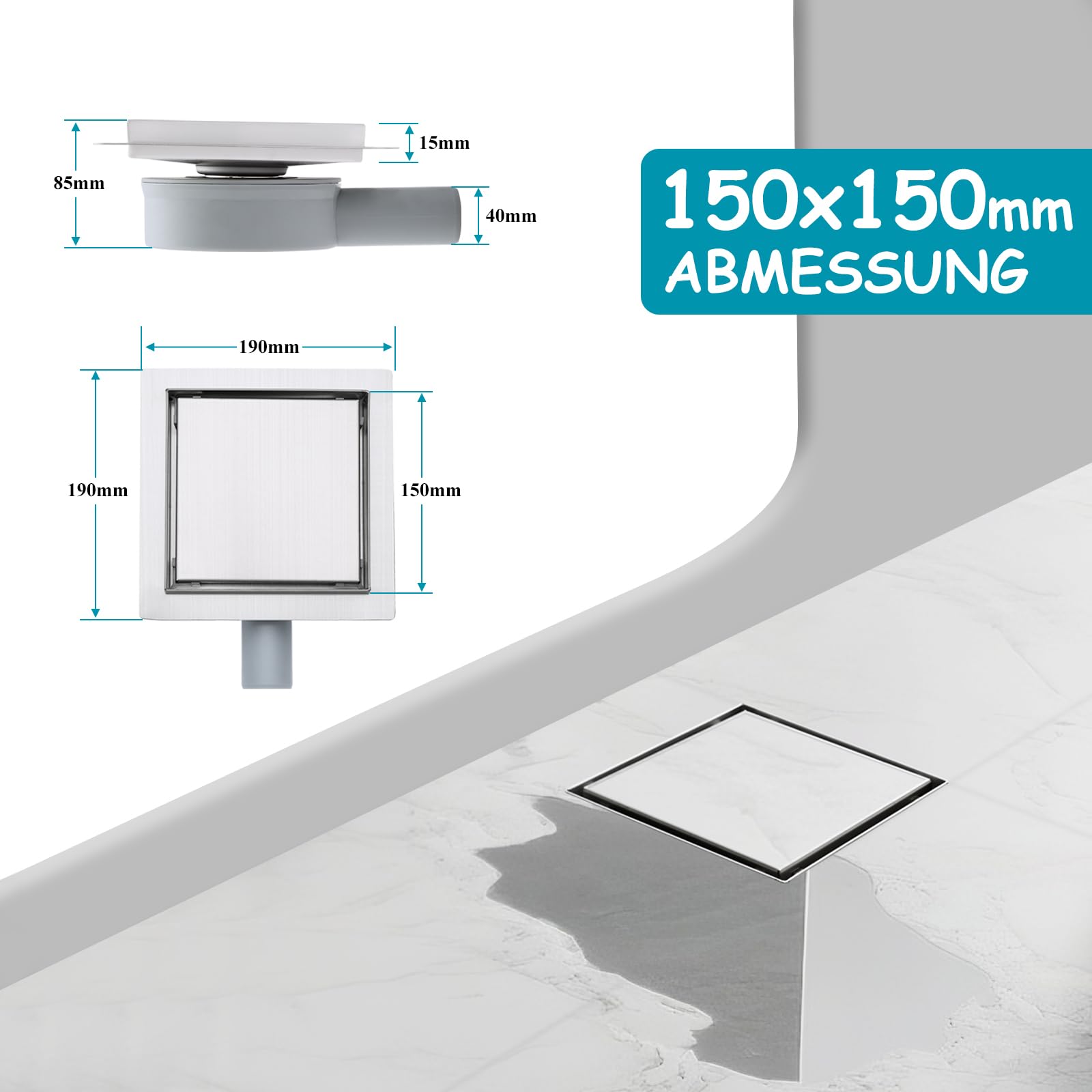 Canaleta de ducha cuadrada de acero inoxidable con sifón de 360°, filtro de pelo, filtro de pelo 2 en 1, desagüe de ducha de 150 x 150 mm, 2 adaptadores de desagüe DN50 DN40