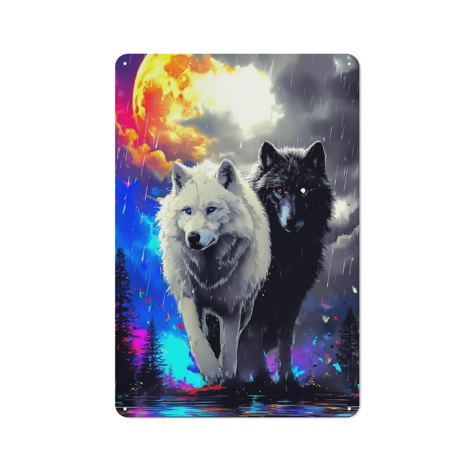 Junmoney Two Wolves Under A Colorful Moon Classic Metal Wall Decor 30X20cm, Decorative Tin Plaque For Cafe, Pub, Workshop Or Home Bar