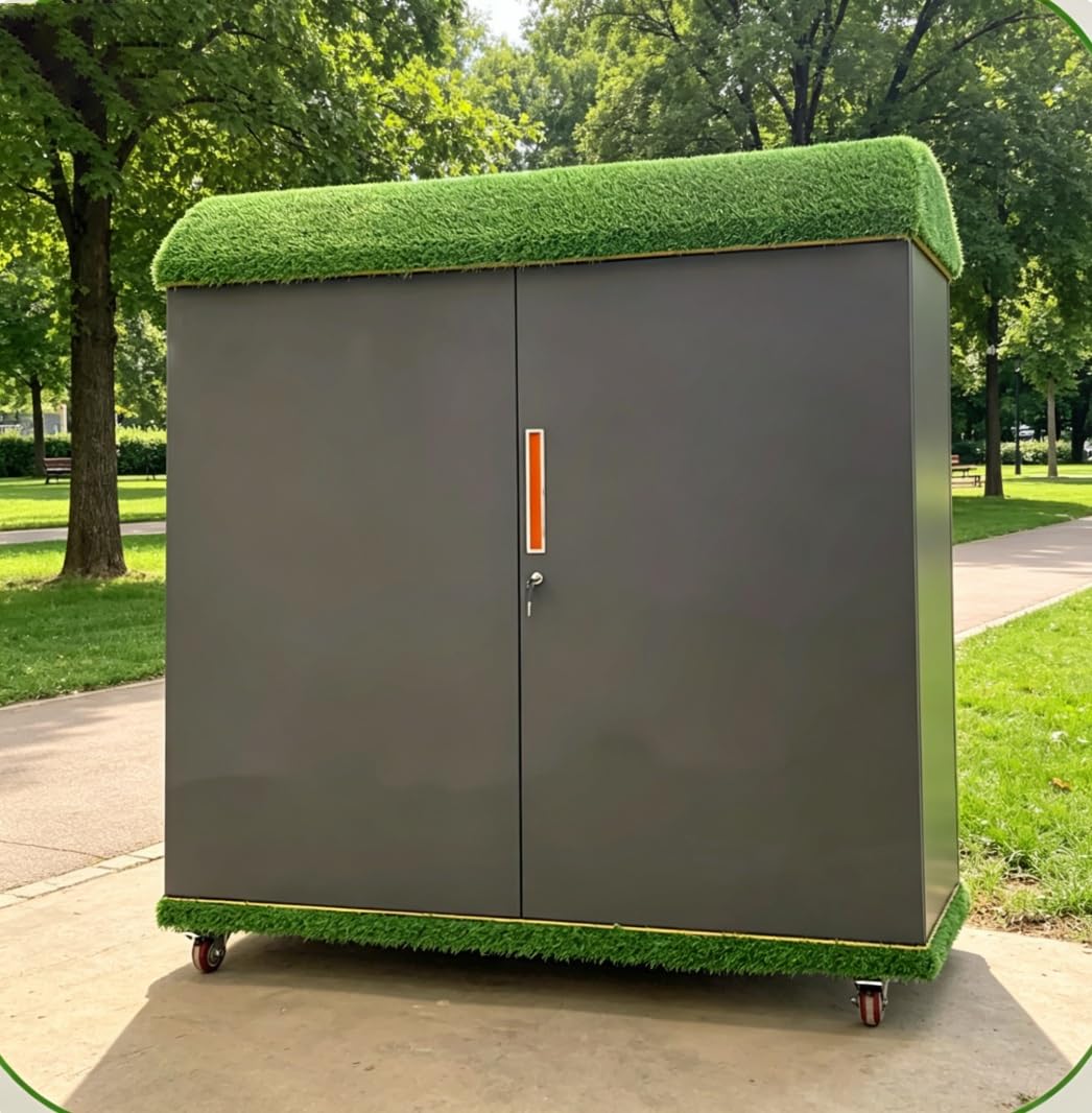 Szafka do przechowywania na zewnątrz z zamkiem i kółkami, odporny na warunki atmosferyczne organizer na zabawki, 150 cm szerokości trawiastego dachu pudełko na patio