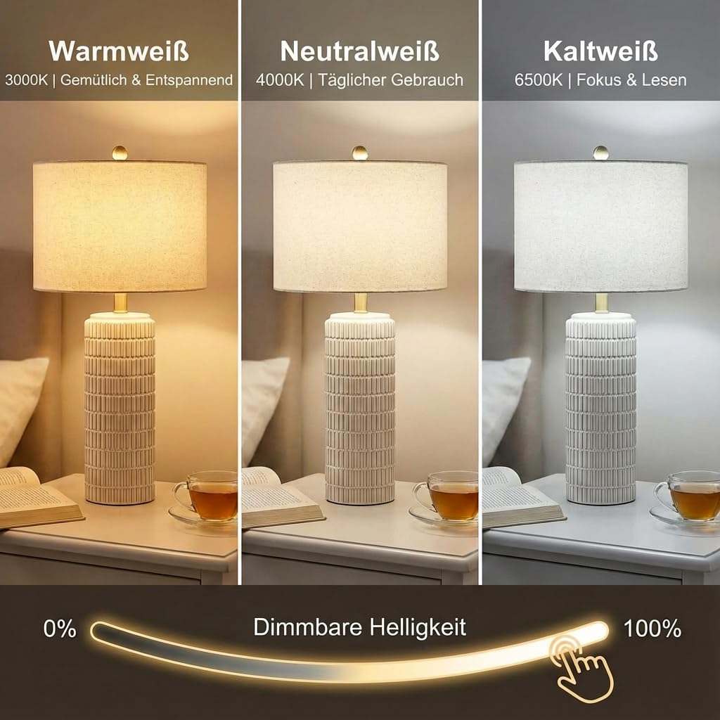 Tischlampen Leinenschirm 2er Set, H57cm LED Nachttischlampe Keramikfuß mit Timer 3 Farbtemperaturen Dimmbar, Inkl. E27-Birnen, Moderne Tischleuchte für Nachttisch Schlafzimmer Wohnzimmer Büro Lese