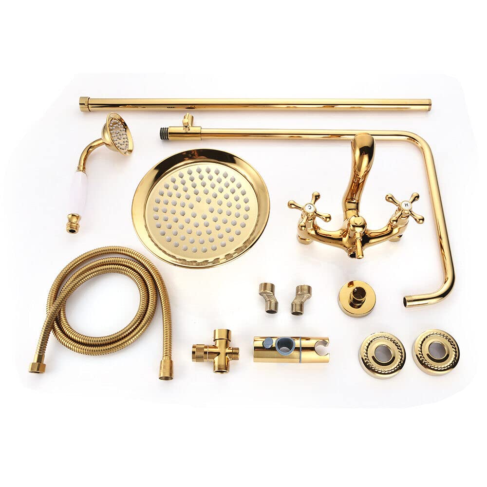 Grifo de Ducha Redondo Retro - Sistema de Lluvia y Mano Con Altura Ajustable - Moderno Dorado de Latón Antiguo Para Pared