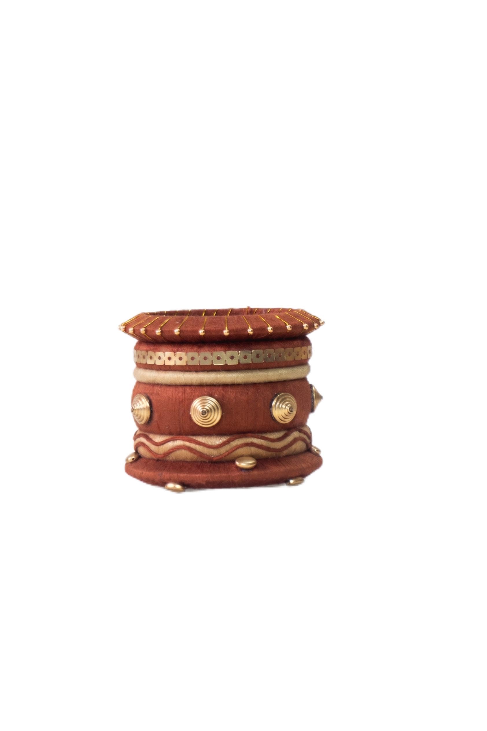 handmade cotton thread bangles set for women | wooden style brown & gold designer bangles | lightweight ethnic bracelet set | western & traditional festival wear | festival & party jewellery | pack of 6 ( kashtha 4)