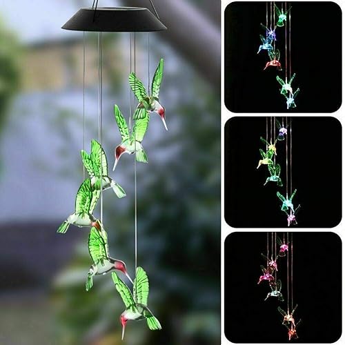 Miniatura 4 de EpicGadget - Lámpara solar con diseño de colibrí, campanilla de viento con pájaro que cambia de color, luces decorativas para el jardín al aire