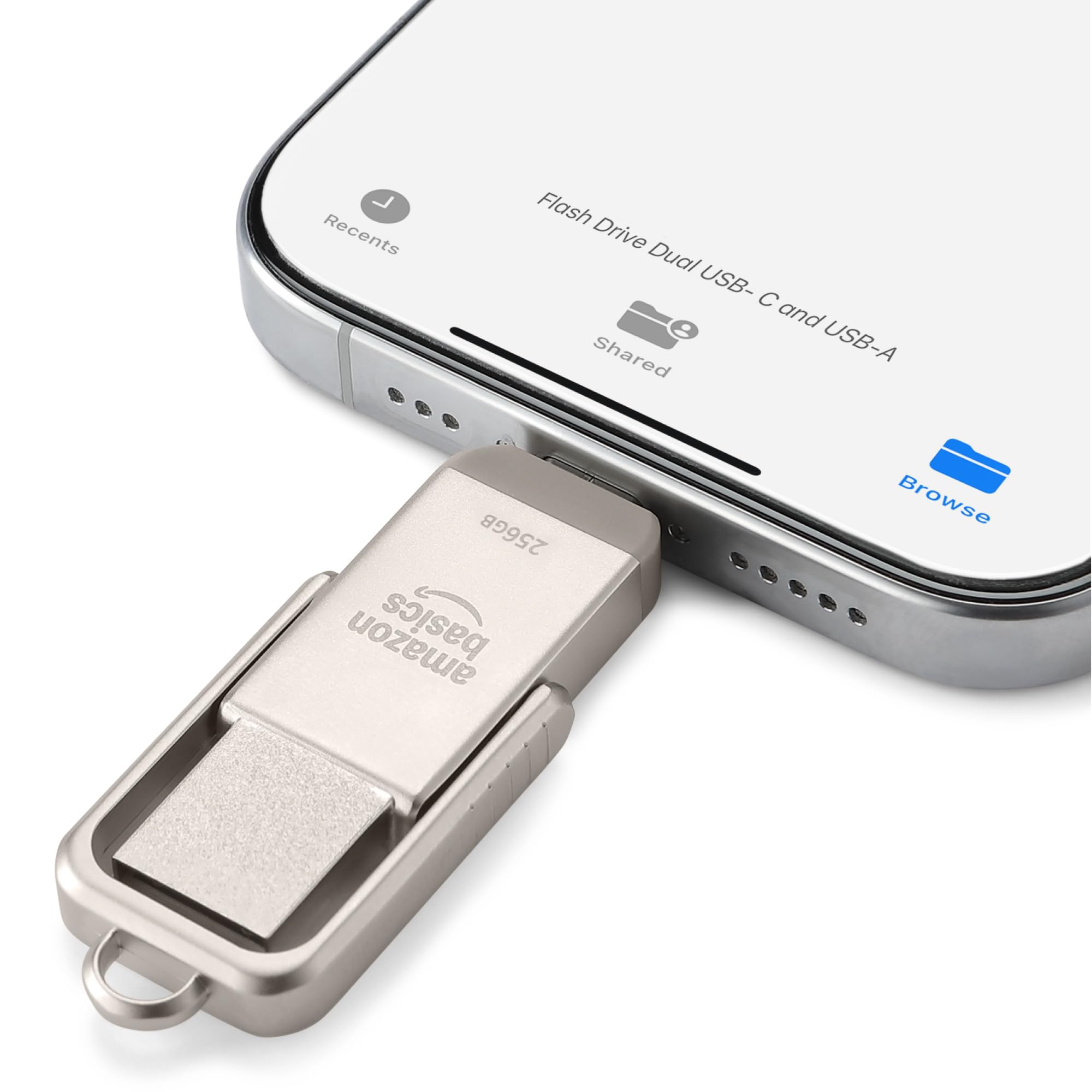 Amazon Basics USB Flash Drive, Thumb Drive Memory Stick with USB C and USB A Dual Ports, 256GB, Champagne Silver