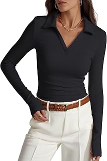 Prettywear Women's Long Sleeve Polo Shirt Fitted Collared V-Neck Business Casual Work Blouse Spring Fashion