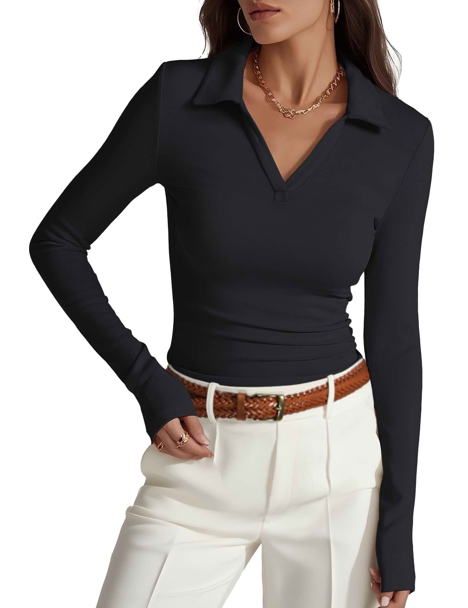 Prettywear Womens Long Sleeve Polo Shirts Collared Business Casual Work Top V Neck Slim Fitted Dressy Blouse, Soft 4-Way Stretch Rib Knit Fabric, 2026 Fall Clothes for Office Layering & Daily Outfits