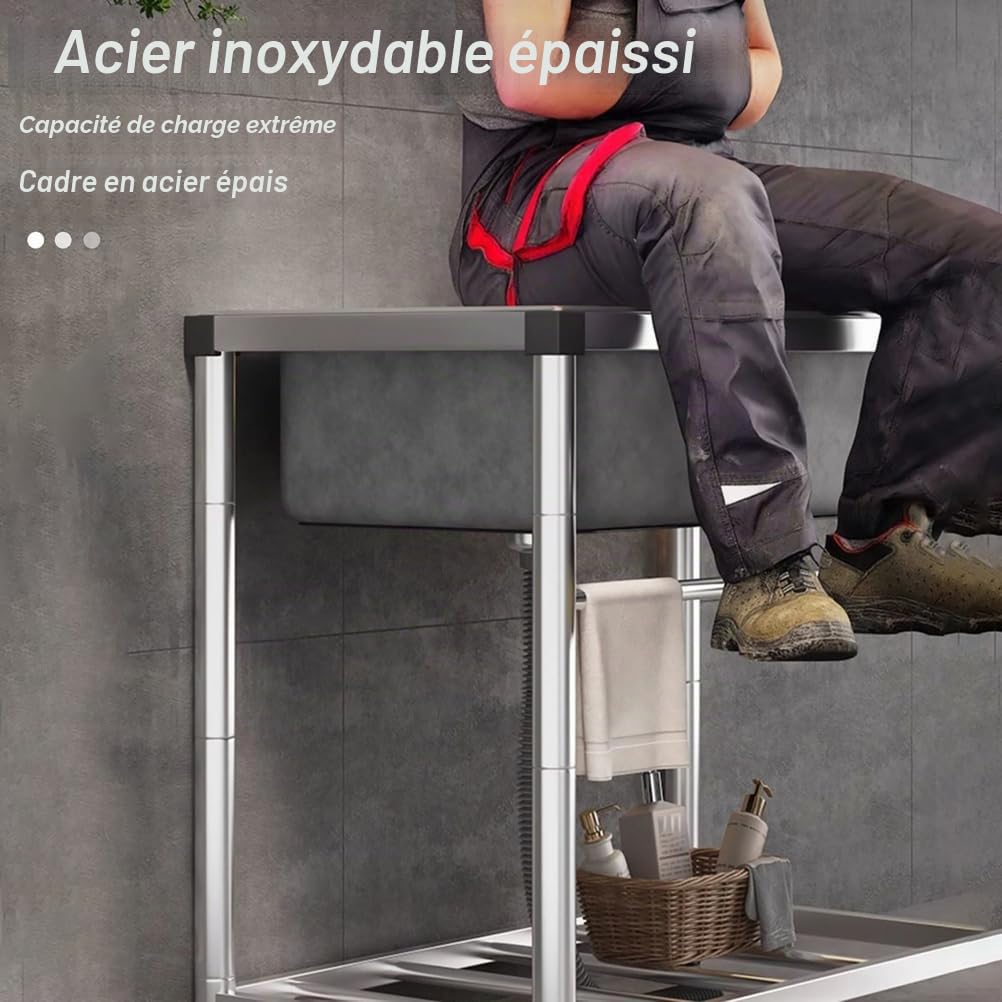 Plonge INOX 1 Bac Professionnel Évier De Cuisine sur Pied Commercial avec Robinet d'eau Chaude Et Froide, Étagère De Rangement 1.0mm Évier Utilitaire pour Buanderie,Garage,50 * 37 * 75cm