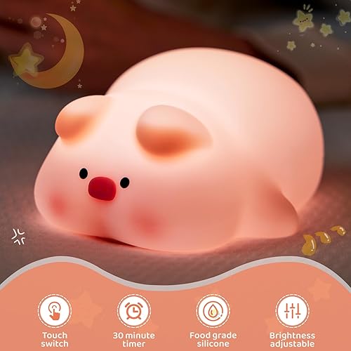 Miniatura 3 de Luz nocturna de cerdo para niños, bonita lámpara de cerdito de silicona, cerdito de luz regulable, lámpara de noche recargable, luz nocturna para