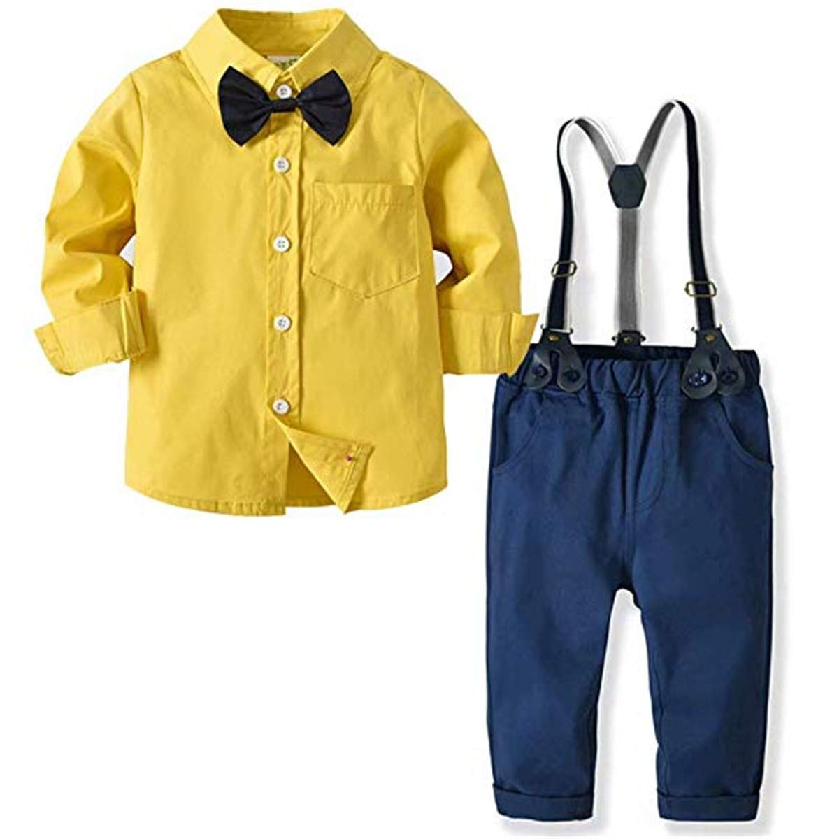 Little Toddler Boys 4Pcs Gentleman Formal Suit Four Pieces Bow Tie Long Sleeve Plaid Shirts Vest Pants Outfit Clothes Set Suit Clothes Set 5-6T Yellow