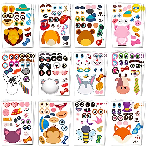 36 PCS Make-a-face Sticker Sheets Make Your Own Sticker for Kids 12 Animals Designs Mix Stickers Packs Party Favors Supplies Gift of Festival Rewards Art Craft