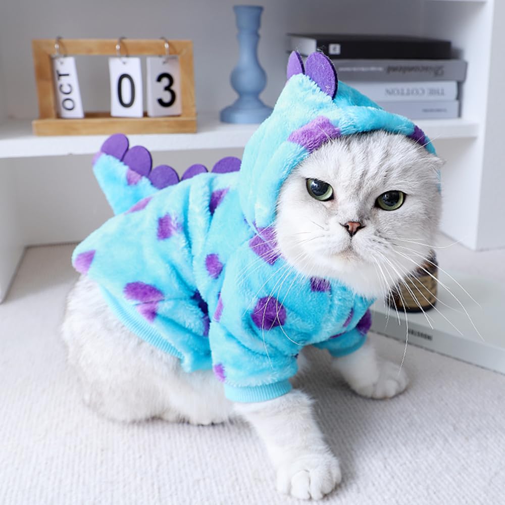 Dinosaur Dog Clothes for Small Dog Girl Boy, Fleece Winter Puppy Hoodies with Leash Ring, Cold Weather Coat for Cat, Funny Dinosaur Costume for Christmas Halloween. (Blue-2, X-Small)