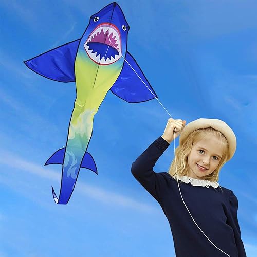 Miniatura 3 de HONBO Cometas grandes de tiburón para niños y adultos, fáciles de volar, cometa para principiantes para niños y niñas para juegos al aire libre,