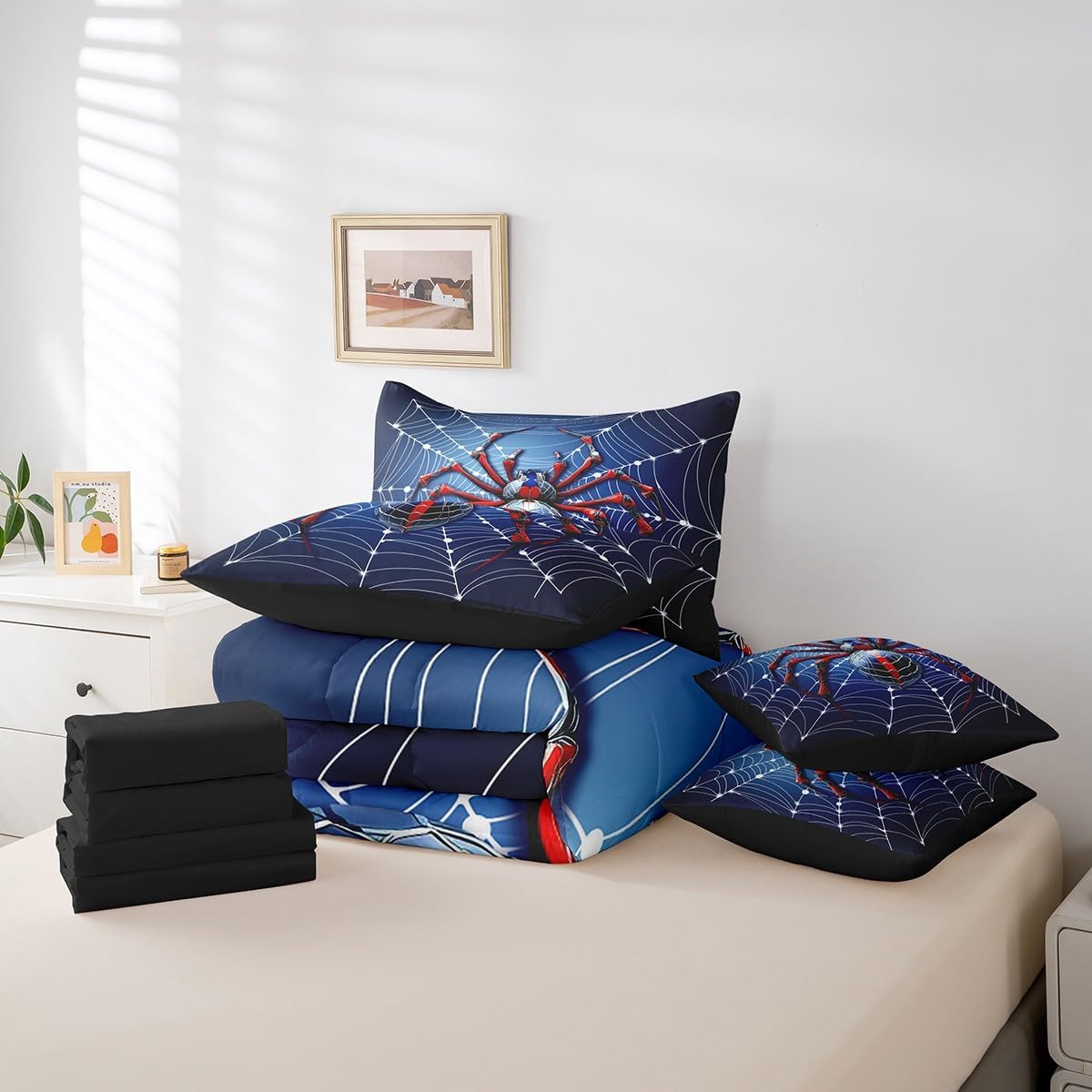 7 Pieces Spider Web Kids Comforter Full Size,Red Black Spider Arachnid Insect Animal Bedding Set,Happy Halloween Gothic Blue Fashion（Comforter+Fitted+Flat Sheet+2 Pillowcases+2 Throw Pillow Covers）