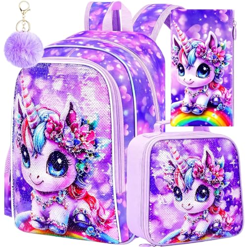 Image of 3Pcs Unicorn Backpack for Girls, 16 inch Kids Bookbag with Lunch Box，School Backpacks for Elementary Preschool Kindergarten (Purple)