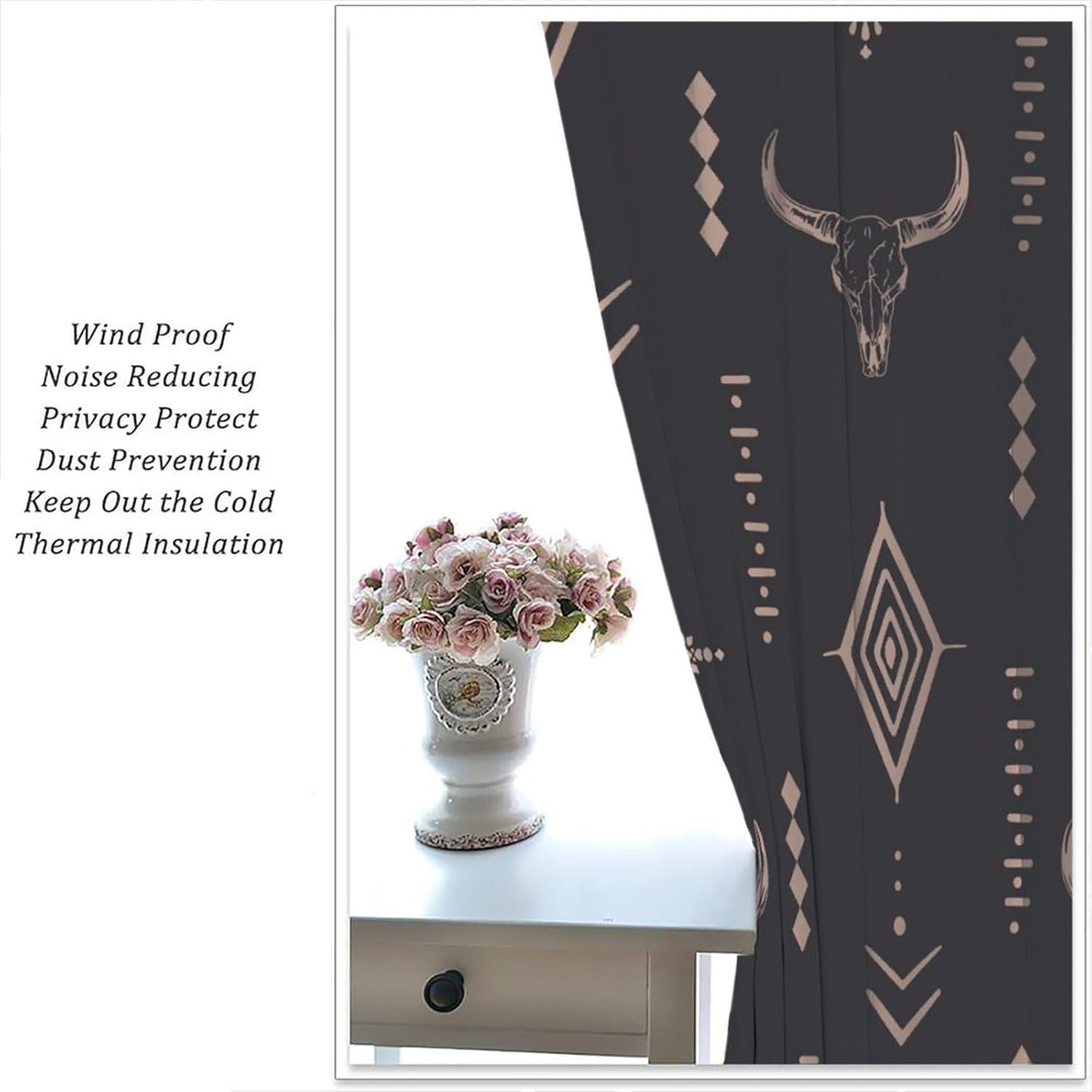 Western Curtains Bull Skull Boho Aesthetic Aztec Art Print for Bedroom Living Room Kitchen Decor Rod Pocket Blackout Window Drape 42x63in