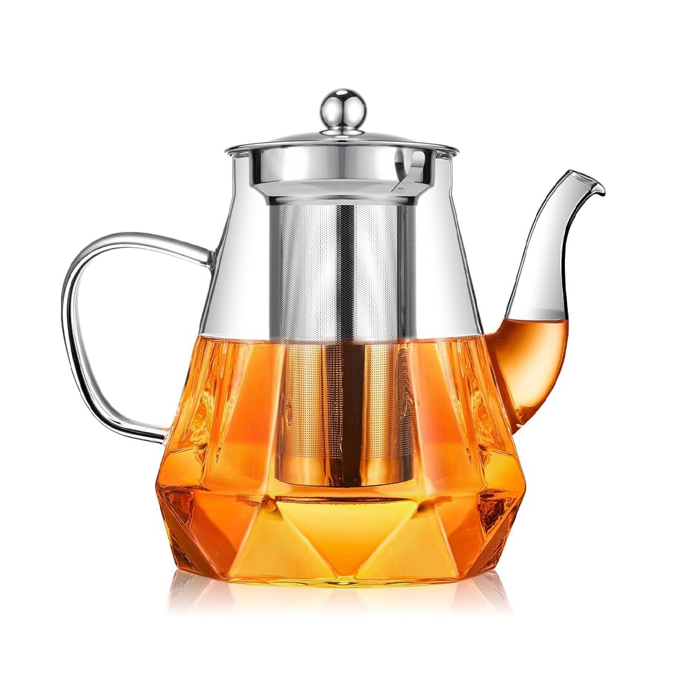 Teiera, teiera in vetro, teiera con colino, teiera in vetro resistente al calore, 1 l, teiera in vetro antigoccia, per tè e fiori di tè, incluso setaccio fine (1000 ml)