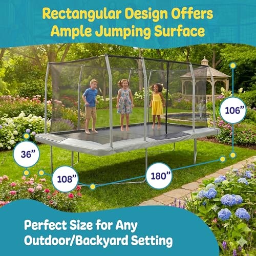 Image of Upper Bounce Rectangle Trampoline Set with Top-Ring Enclosure Net, Outdoor Backyard Recreational, Gymnastics Activity for Kids and Adults, High Weight Capacity 500 lbs