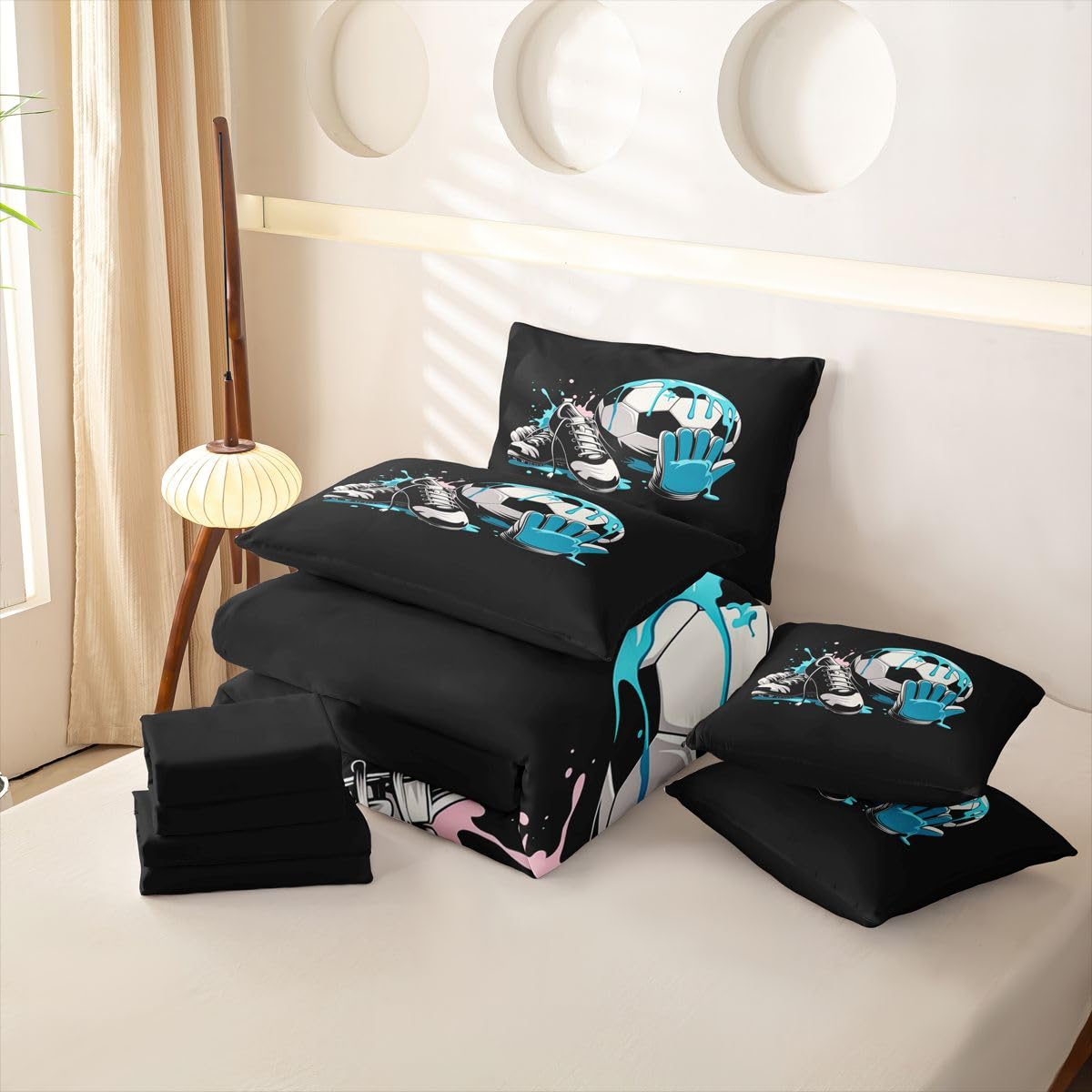 Loussiesd Juego de funda de edredón de fútbol de 7 piezas, tamaño King, juego de ropa de cama para niños y niñas, con funda de edredón, sábanas, fundas de almohada, fundas de cojín