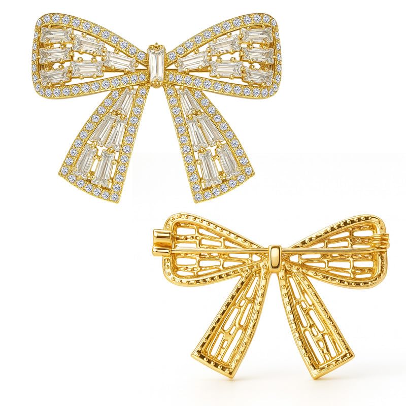 vama FASHIONS 18K Gold Plated Crystal AD Stone Stainless Steel Sparkling Bow Shape Ribbon Design Brooch Pin Saree Coat Blazer Dress Jewelry for Women & Girls-picture-52