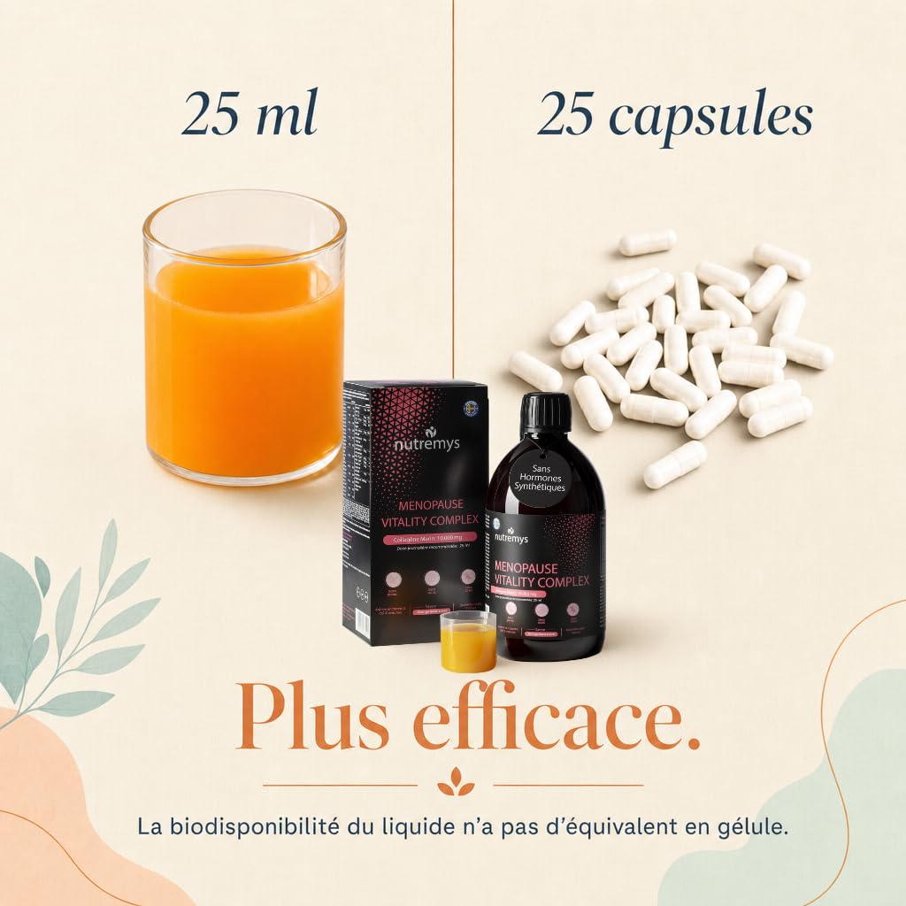 Collagène Marin Liquide 10 000 mg à Boire – Ménopause sans Hormones + Acide Hyaluronique & Vitamine C – Anti-Âge Peau, Cheveux, Ongles & Bouffées de Chaleur – Goût Orange Sans Sucre 500 ml