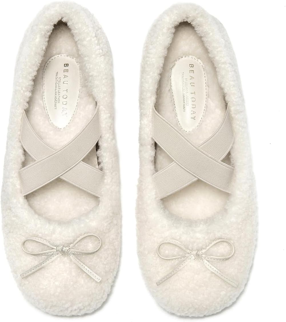 BEAU TODAY Womens Fur Mary Jane Flats, Shearling Ballet Flats for Women, Warm Wool Mary Jane Shoes Fashion Cute Flat Shoes with Cross Strap