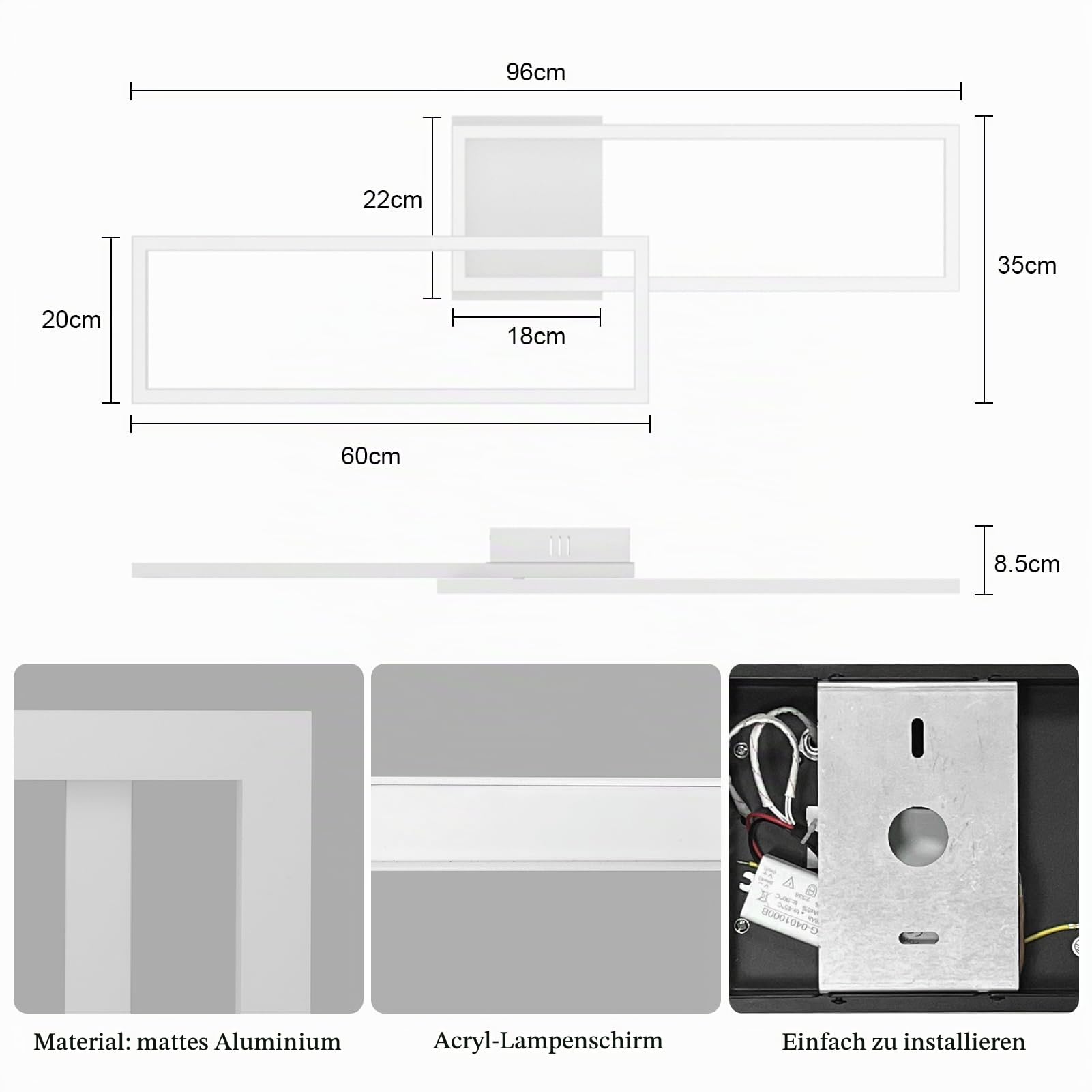 Klighten Deckenleuchte LED Deckenlampe 45W 3480 Lumen, Wohnzimmerlampe aus Aluminium Modern Deckenbeleuchtung für Schlafzimmer Küche Wohnzimmer Flur, 96 x 35 x 8 cm, Warmweiß 3000K, Weiß