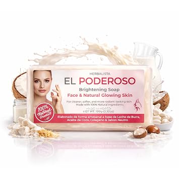 HERBALISTA El Poderoso Brightening Soap Bar 3.52 oz / 100g Donkey Milk, Coconut Oil & Collagen Infused Facial Soap Natural Glow, Deep Cleansing & Skin Softening Handmade in Mexico