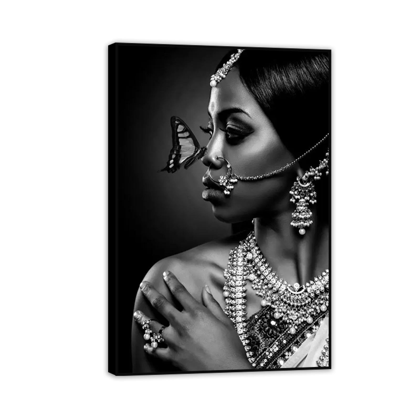 MOBYAT Joyería en blanco y negro,mujeres indias con mariposas,carteles e impresiones,pintura artística en lienzo,cuadro artístico de pared para sala de estar,90x60cm(36x24 pulgadas),marco negro