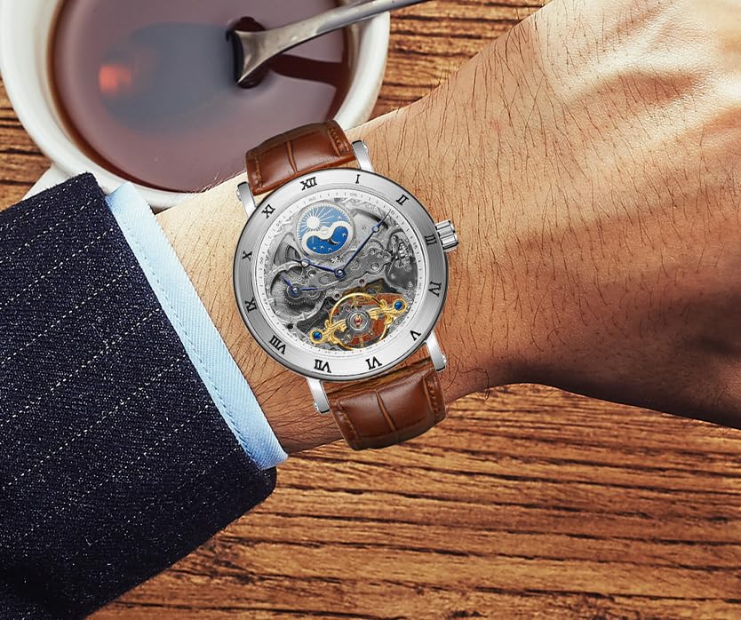 Image of FORSINING Men's Self Winding Automatic Watch Tourbillon Analog Skeleton Movement Moon Phase Wrist Watch with Genuine Leather Strap